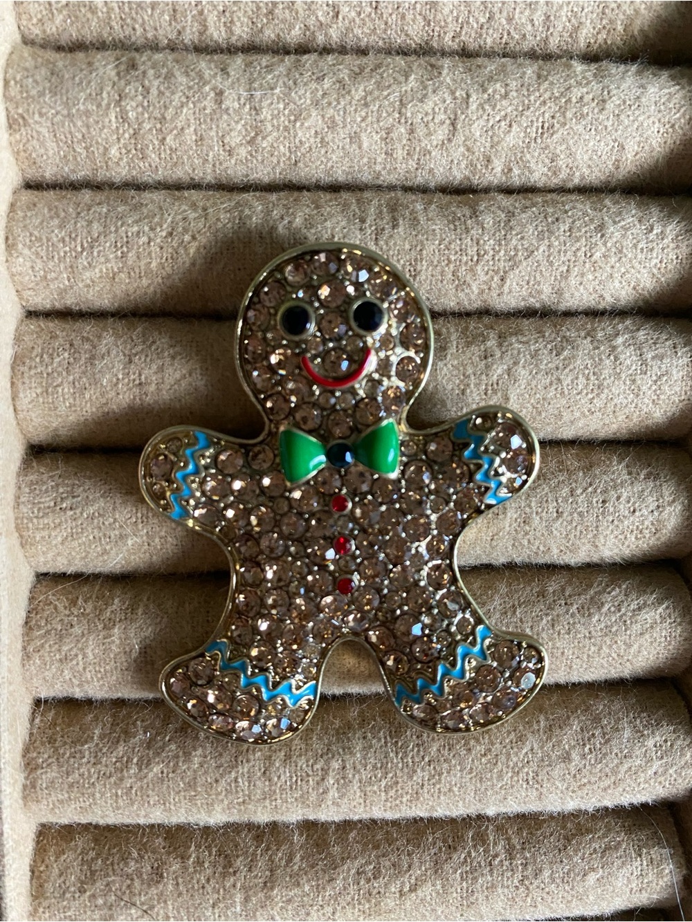 Heidi Daus Crystal Gingerbread Brooch with Green Bow and Blue Trim